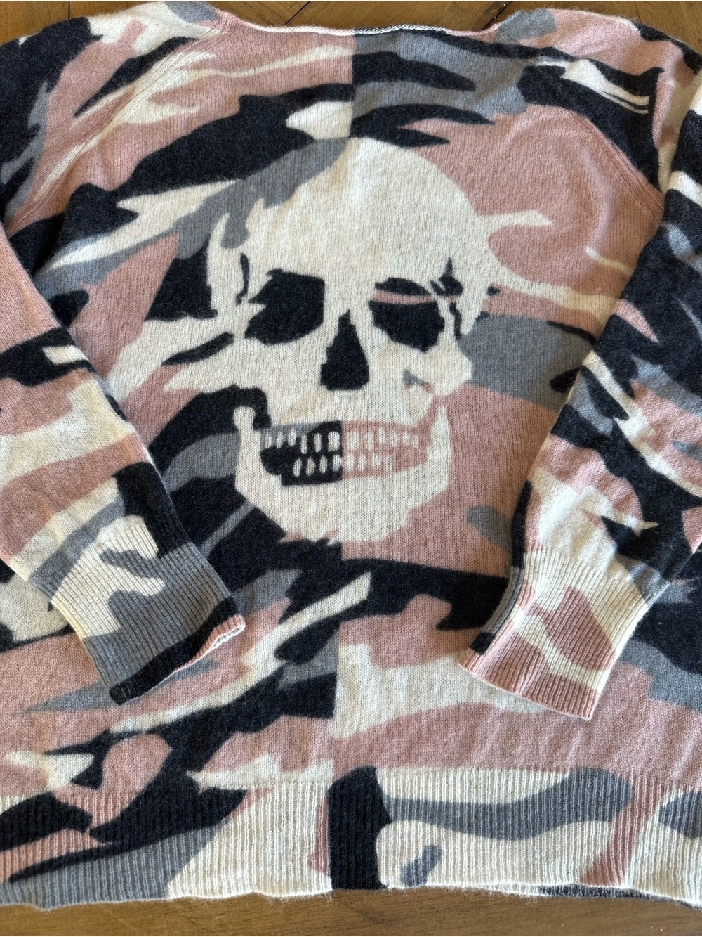 Skull Cashmere Scout Camo Sweater Pink Gray Streetwear Whimsigoth Relaxed Small - Picture 3 of 8
